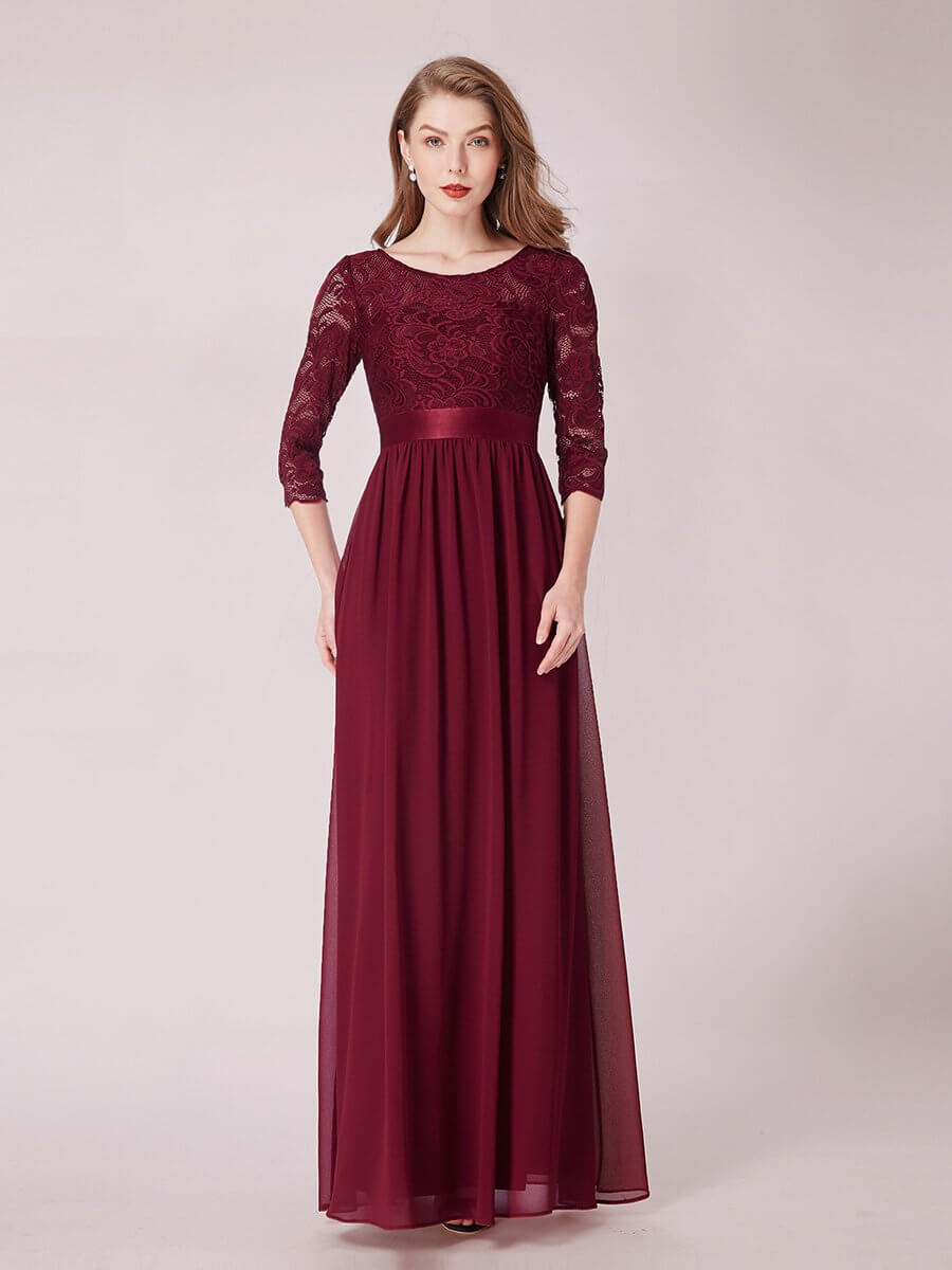 ey7412bd three quarter lace sleeve burgundy and chiffon long evening gown eternally yours