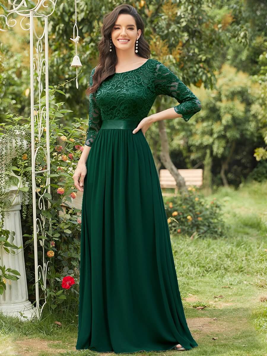 ey7412dg three quarter lace sleeve green and chiffon long evening gown eternally yours