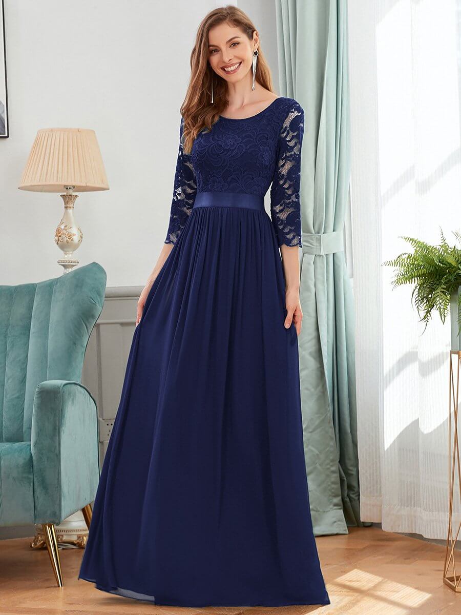 ey7412nb three quarter lace sleeve navy blue and chiffon long evening gown eternally yours ey7412nb three quarter lace sleeve navy blue and chiffon long evening gown eternally yours