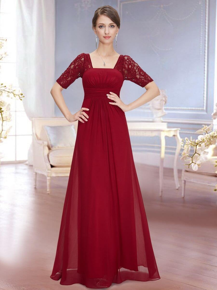 ey8038-bd burgundy long evening gown with lace sleeves