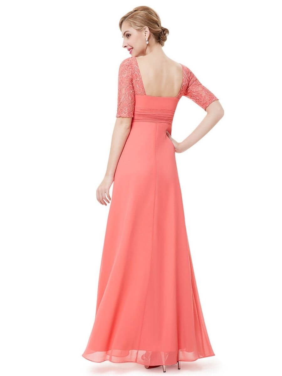 ey8038-co coral long evening gown with lace sleeves ey8038-co coral long evening gown with lace sleeves