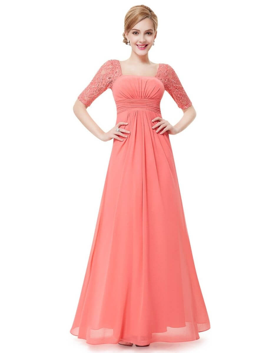 ey8038-co coral long evening gown with lace sleeves ey8038-co coral long evening gown with lace sleeves