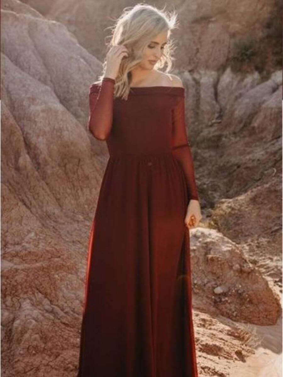 ey2106-hn- off shoulder mesh sleeve hoiden bridesmaid dress eternally yours