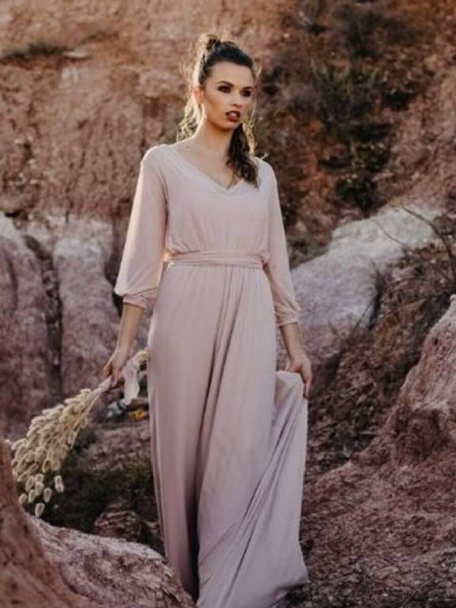ey2114-hn-1 v neck three quarter sleeve hoiden bridesmaid dress eternally yours