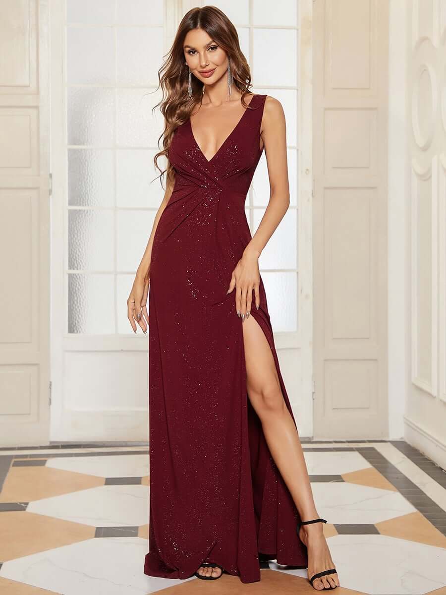 ey7505bd sparkly burgundy low v-neck long evening gown with slit eternally yours ey7505bd sparkly burgundy low v-neck long evening gown with slit eternally yours