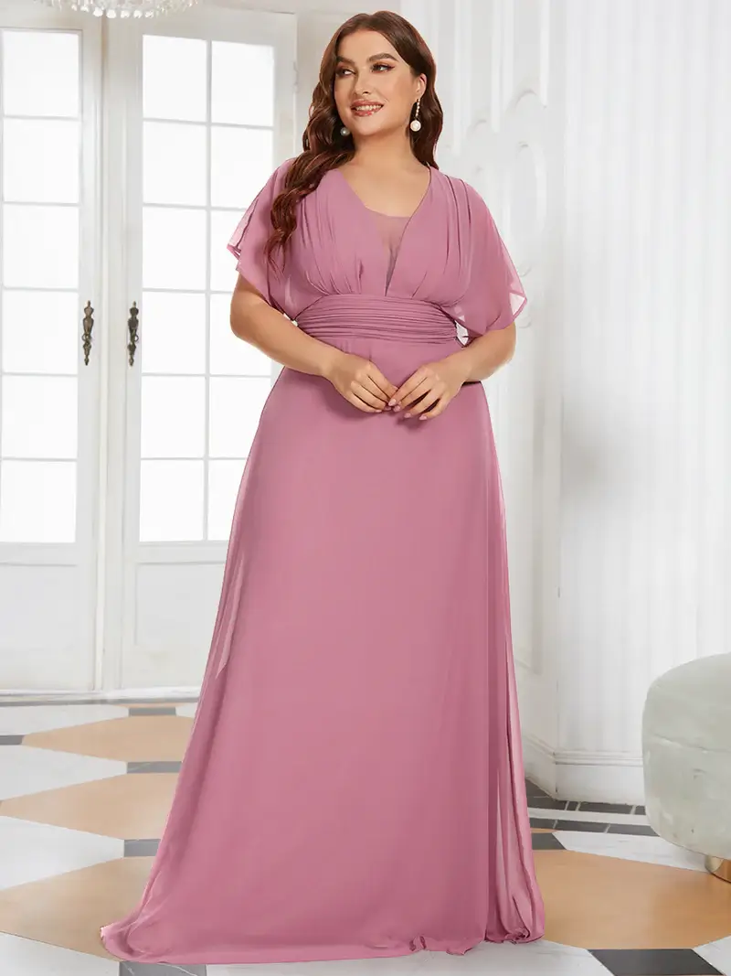 ey7851od plus size pink orchid chiffon long evening gown with soft sleeves eternally yours