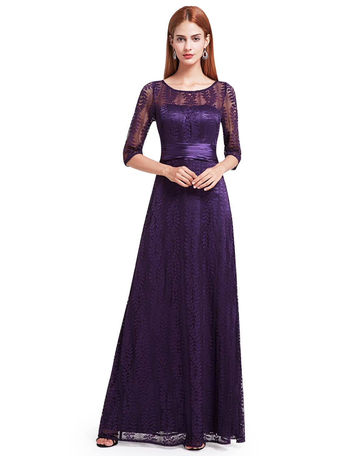 ey8878dp purple lace and satin long evening gown with three quarter sleeves eternally yours