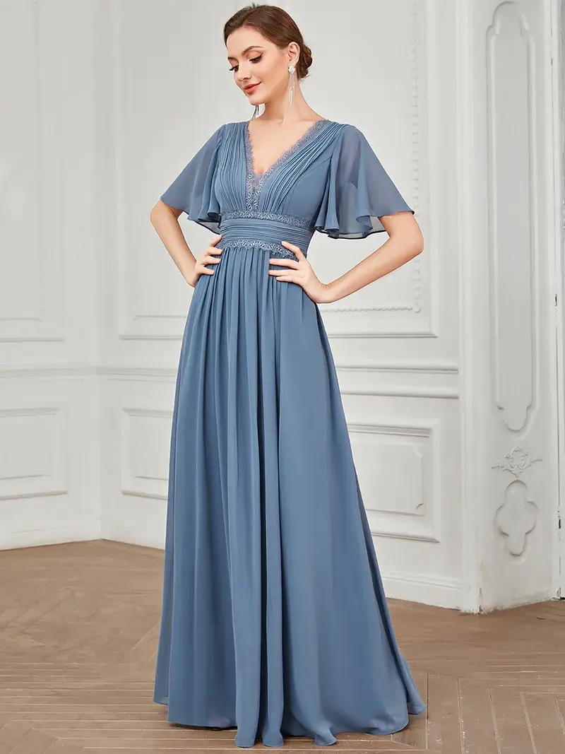 ey1511dn chiffon A-line dusty navy blue long evening gown with flutter sleeves eternally yours
