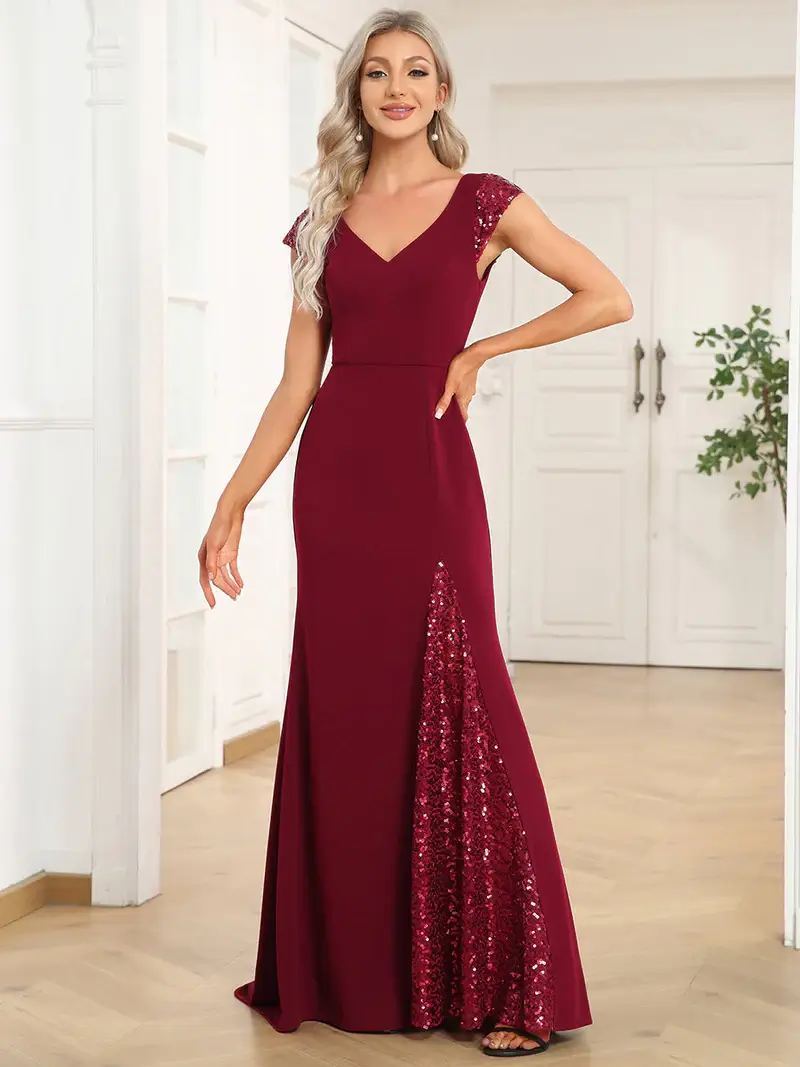 ey1586 bk burgundy sequins detail fitted long evening gown with train eternally yours