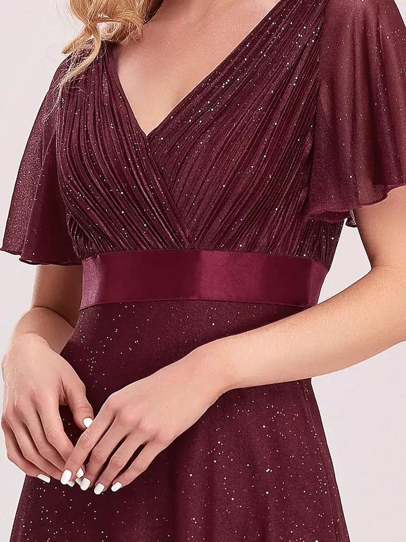 ey50159bo glitter burgundy long evening gown with satin waist and ruffle sleeves eternally yours ey50159bo glitter burgundy long evening gown with satin waist and ruffle sleeves eternally yours