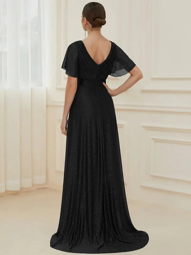 ey50159bo glitter black long evening gown with satin waist and ruffle sleeves eternally yours ey50159bo glitter black long evening gown with satin waist and ruffle sleeves eternally yours