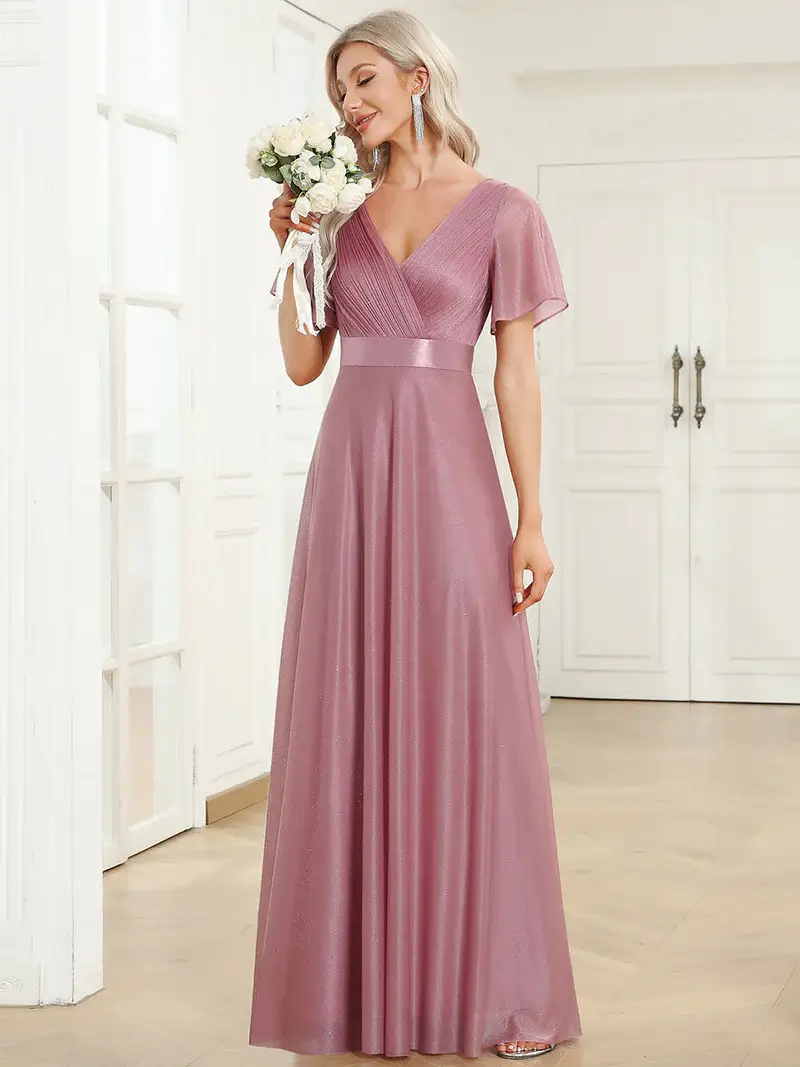 ey50159bo glitter pink purple orchid long evening gown with satin waist and ruffle sleeves eternally yours