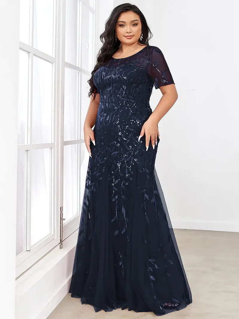 ey7707 navy blue plus size sequin leaf design fitted evening gown with sleeves eternally yours