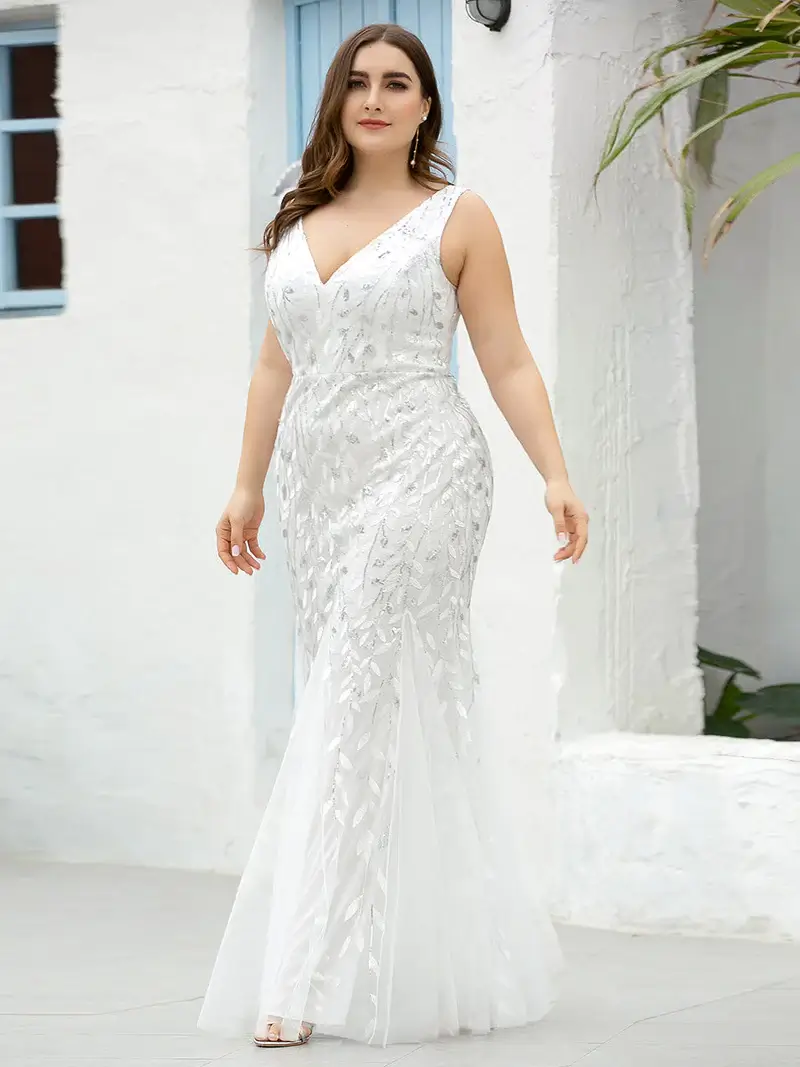 ey7886 plus size sequins leaf design white fitted evening gown eternally yours