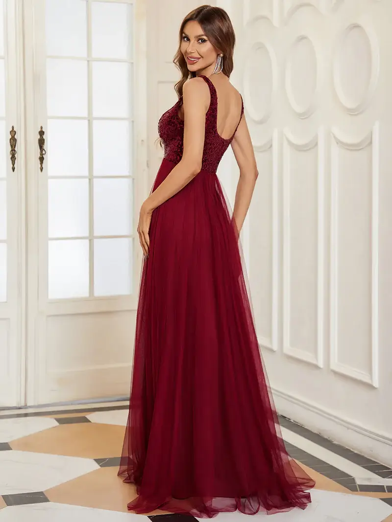 ey80090 burgundy 1 sequins and tulle a-line long evening gown eternally yours