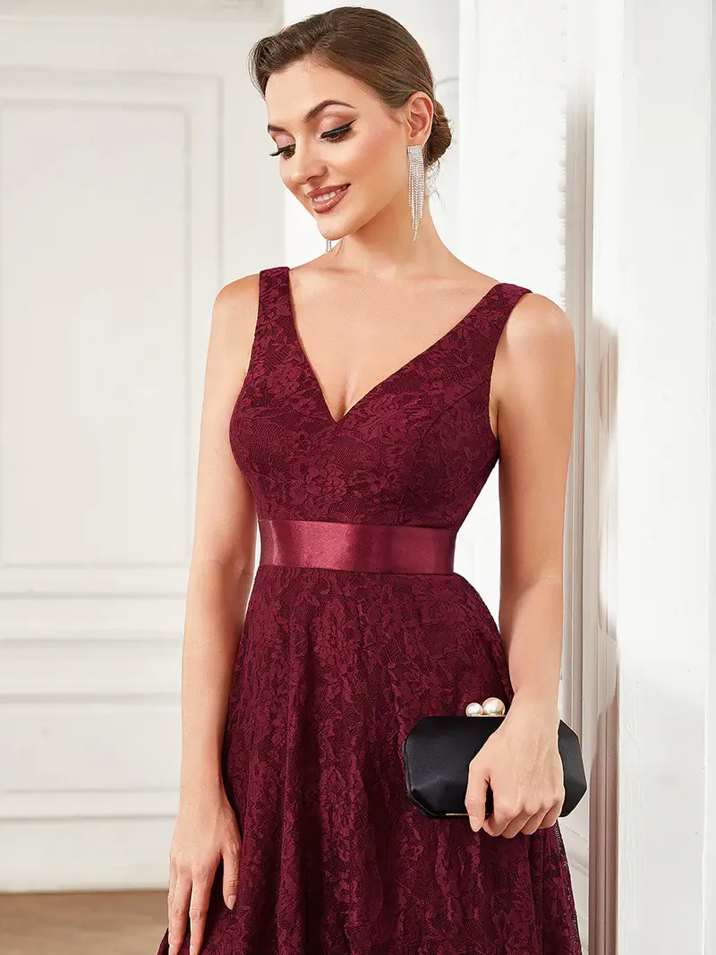 ey1441 burgundy lace asymmetric short evening gown with ribbon waist eternally yours ey1441 burgundy lace asymmetric short evening gown with ribbon waist eternally yours