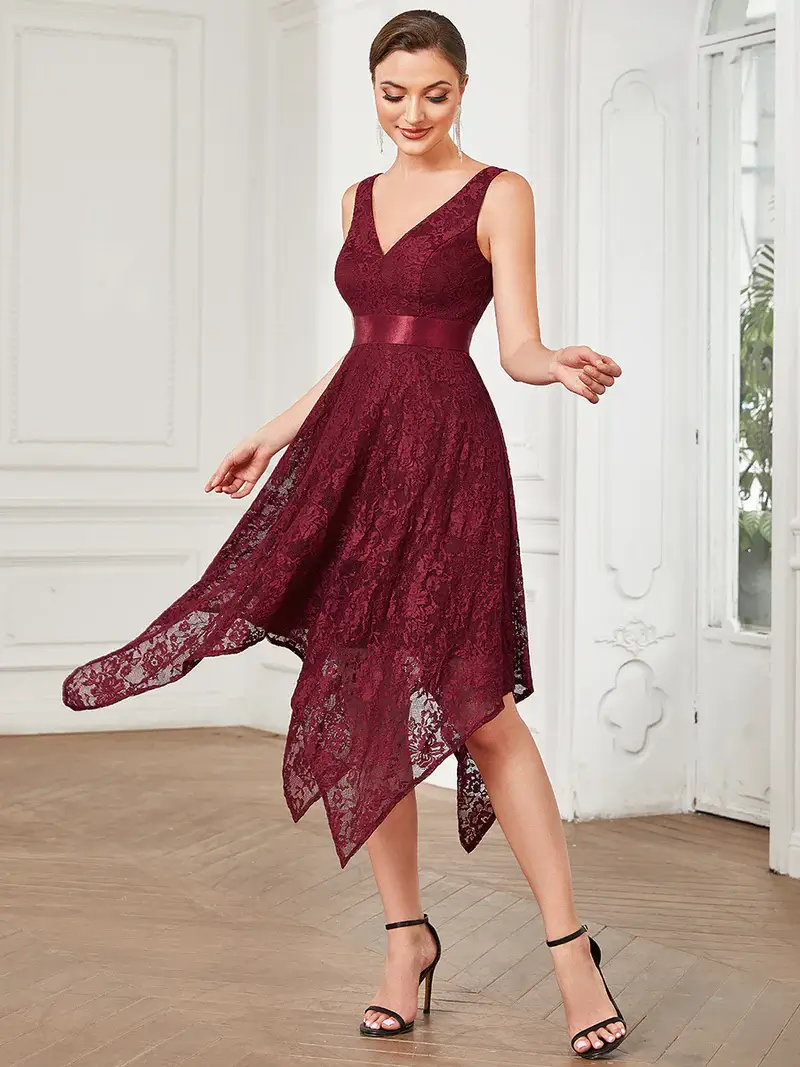 ey1441 burgundy lace asymmetric short evening gown with ribbon waist eternally yours