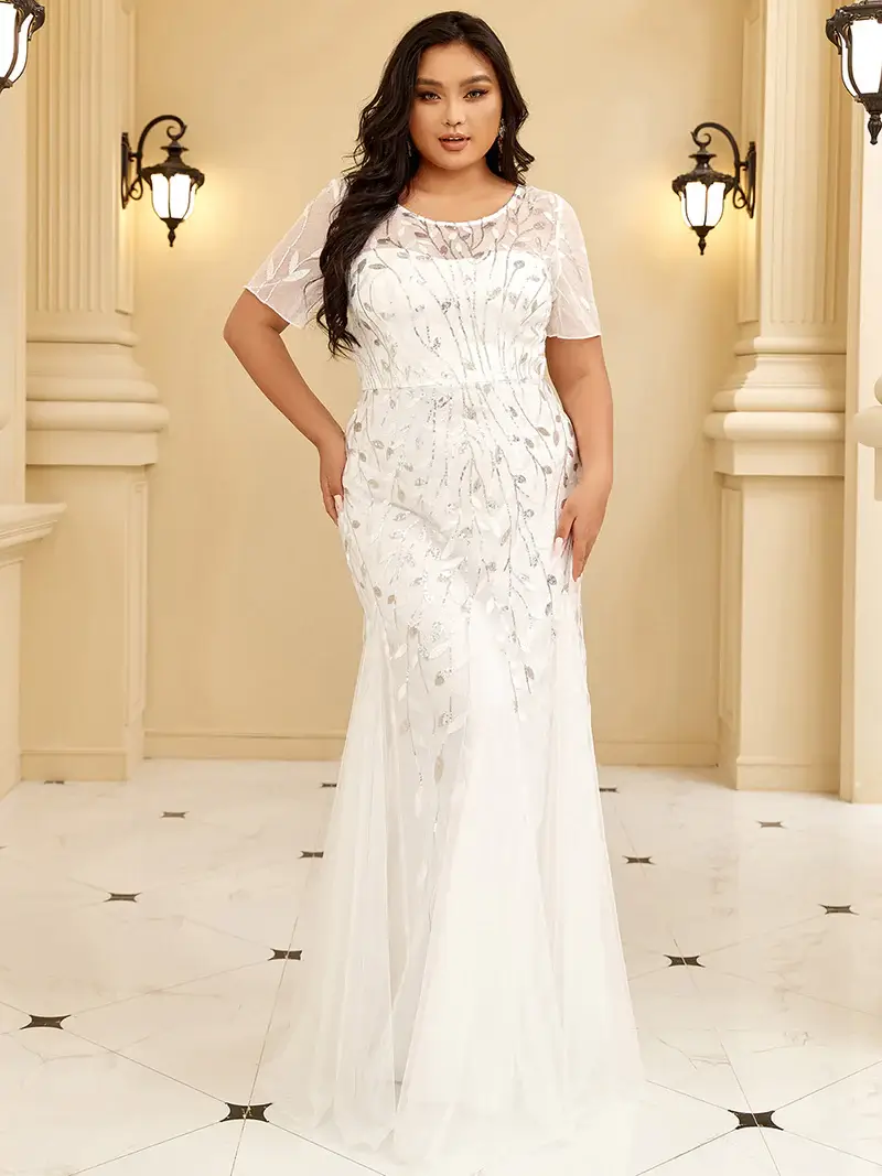 ey7708 plus size white 1 mermaid wedding gown with sleeves and sequins leaf detail eternally yours