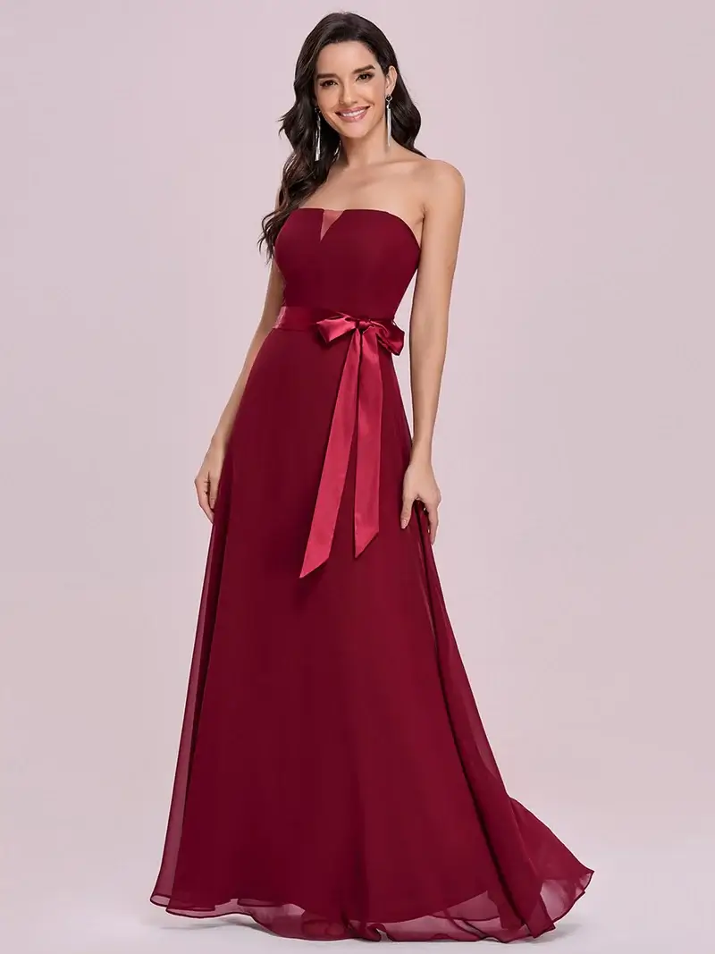 ey0105 burgundy chiffon strapless long evening gown with satin ribbon bow eternally yours