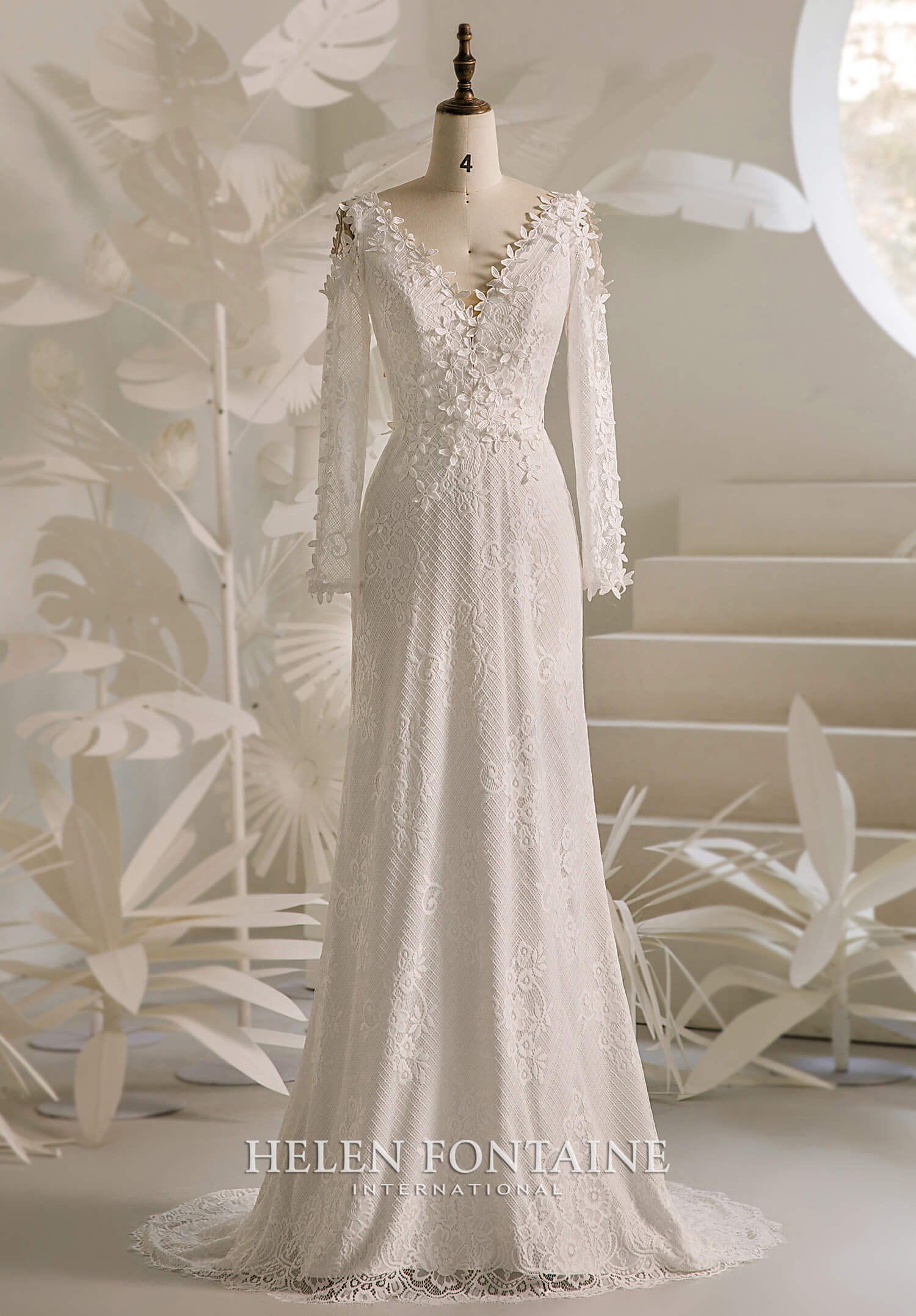 ey4268 helen fontaine boho long sleeve lace wedding gown with 3D flowers eternally yours