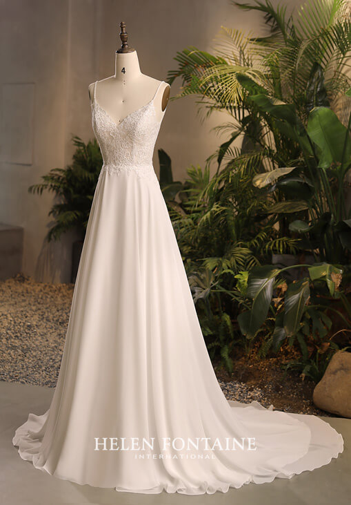 HFW4292-5 helen fontaine chiffon wedding gown with slit, sequined lace and beaded straps eternally yours