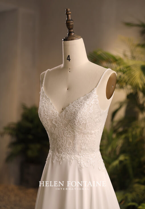 HFW4292-3 helen fontaine chiffon wedding gown with slit, sequined lace and beaded straps eternally yours HFW4292-5 helen fontaine chiffon wedding gown with slit, sequined lace and beaded straps eternally yours