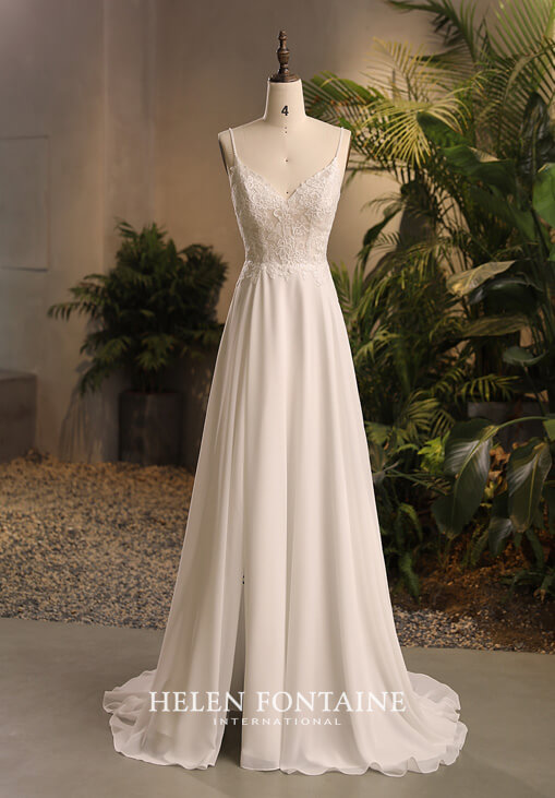 HFW4292-5 helen fontaine chiffon wedding gown with slit, sequined lace and beaded straps eternally yours HFW4292-5 helen fontaine chiffon wedding gown with slit, sequined lace and beaded straps eternally yours