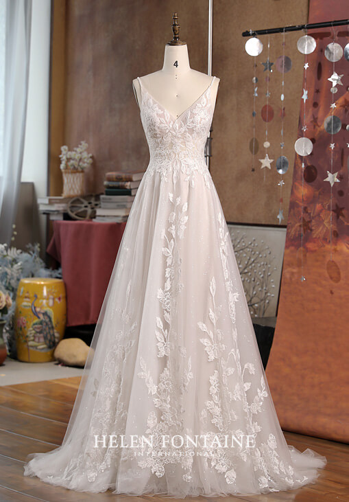 HFW4512-1 helen fontaine a-line wedding gown with pleated tulle top, floral lace and sequined tulle overlaid eternally yours