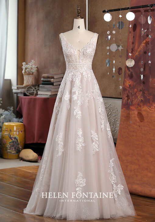 HFW4526-1 helen fontaine wedding gown with sequined lace, glitter tulle and beaded belt eternally yours