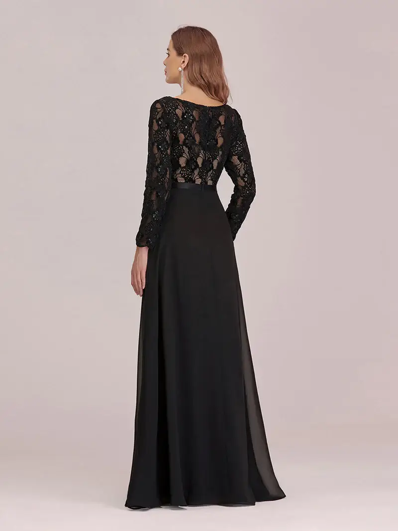 ey0337 black 1 long sleeve lace long evening gown with chiffon skirt eternally yours