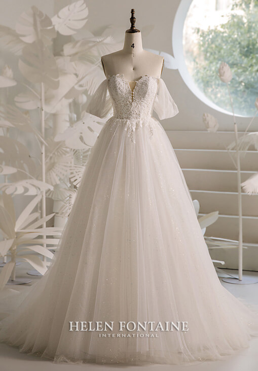 ey4254 helen Fontaine A-line glittering wedding gown with detachable off shoulder straps eternally yours