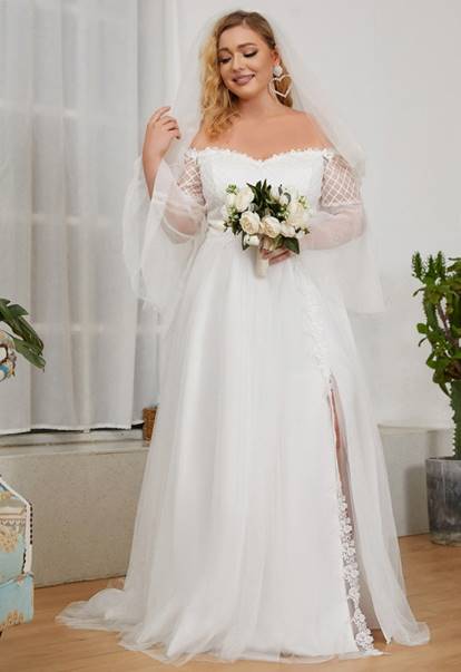 ey90363 1 plus size white a-line off shoulders wedding gown with tulle sleeves eternally yours