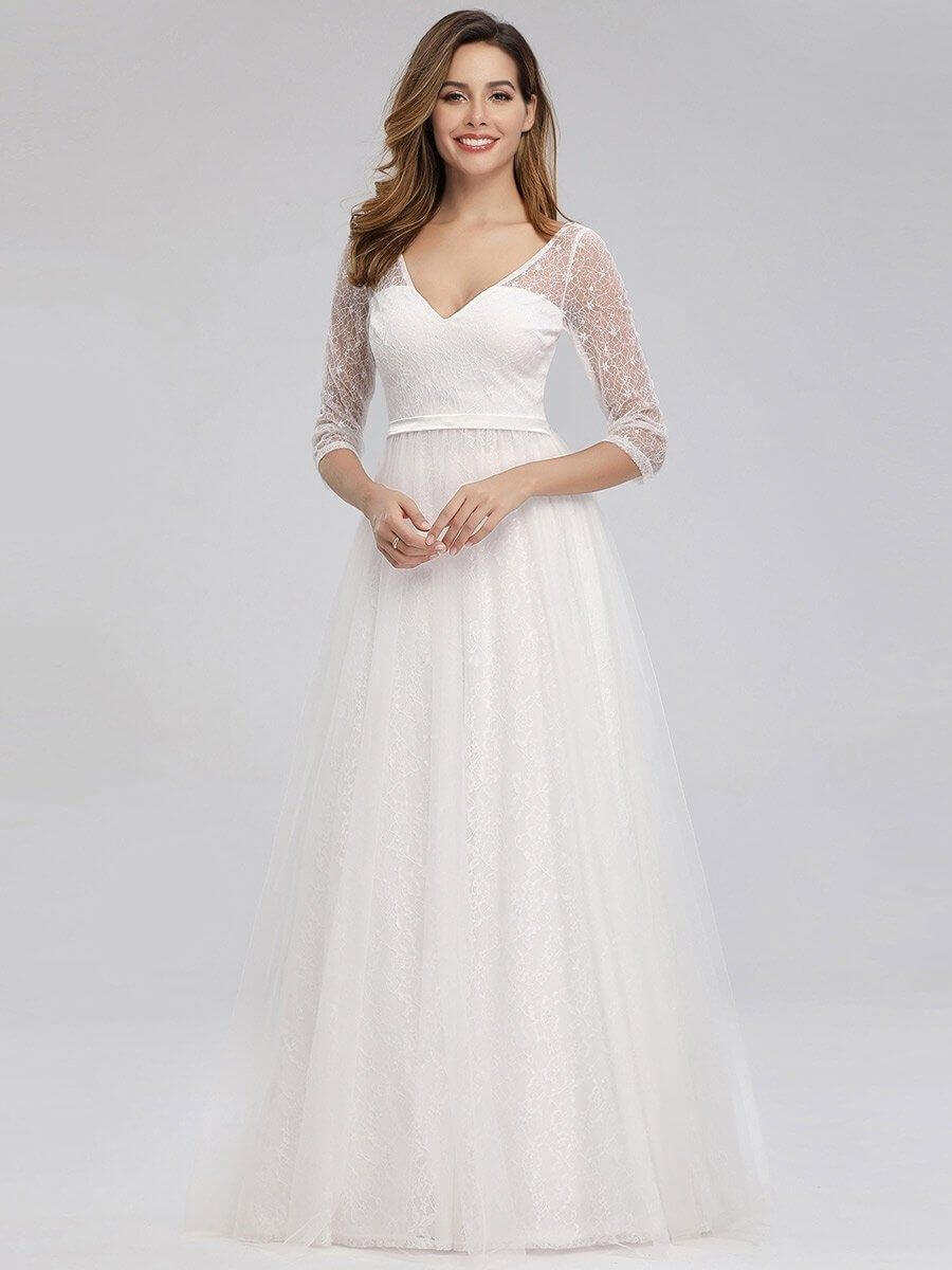 ey0806 white lace and tulle long evening or wedding gown with three quarter sleeves eternally yours