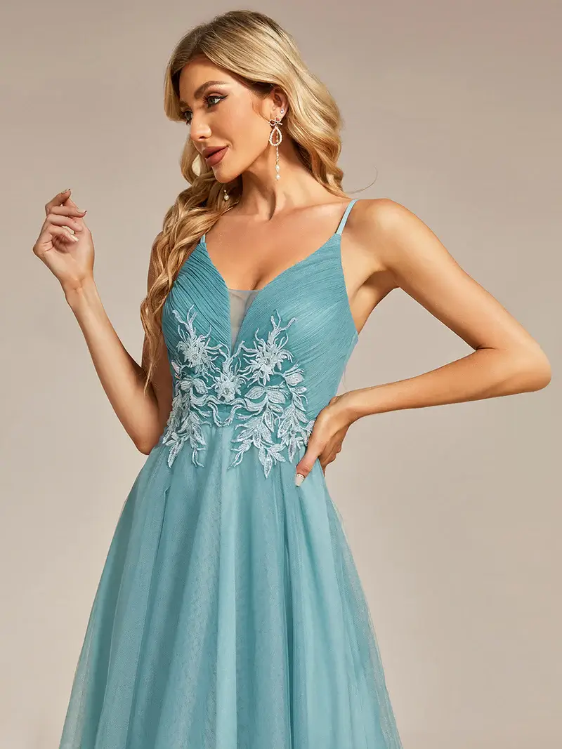 ey1746 dusty blue 2 high low mesh and applique short evening gown eternally yours ey1746 dusty blue high low mesh and applique short evening gown eternally yours