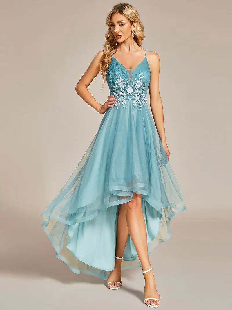ey1746 dusty blue high low mesh and applique short evening gown eternally yours