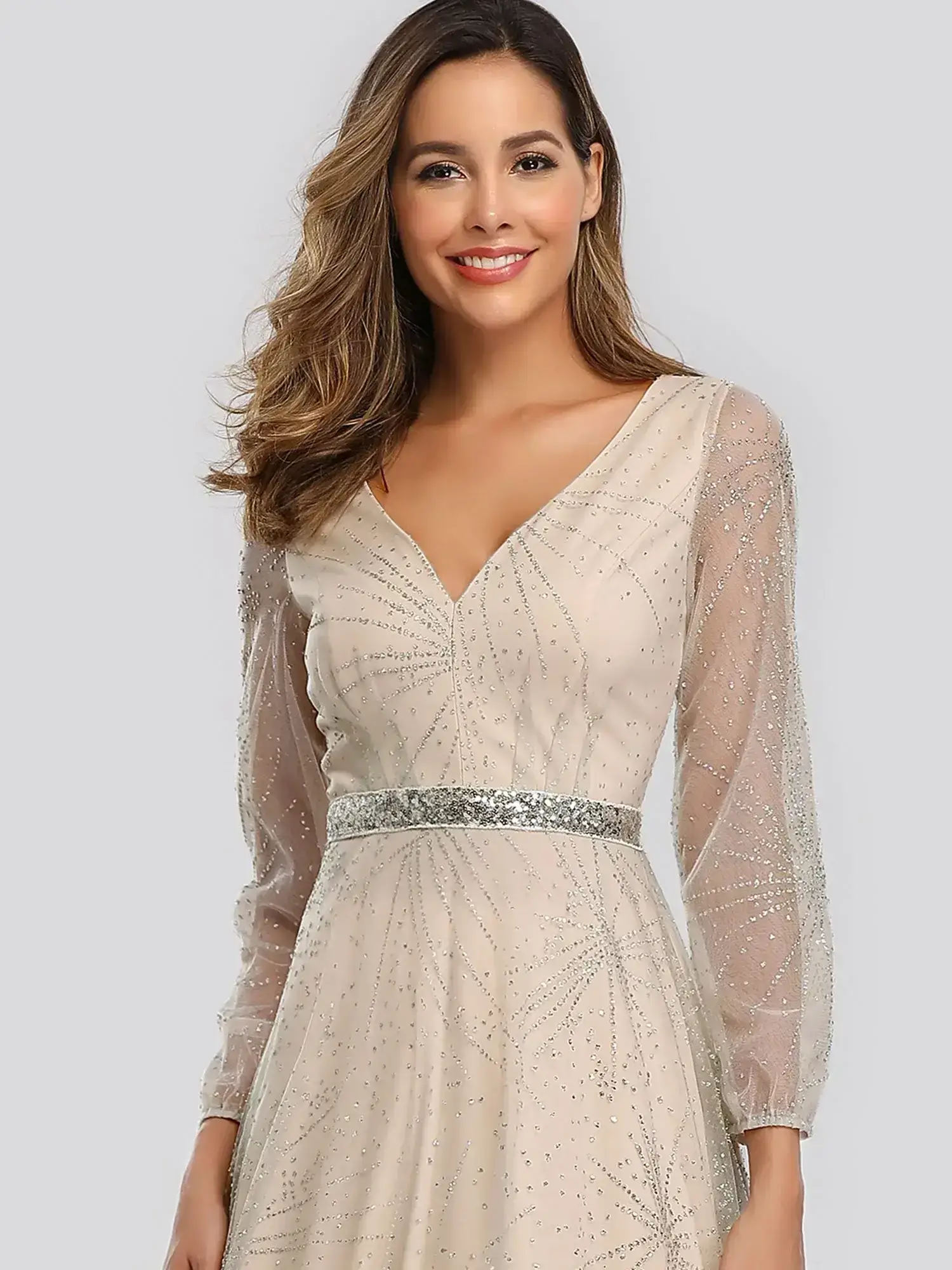 ey0844 blush long evening gown with silver glitter overlay and lantern sleeves eternally yours ey0844 blush long evening gown with silver glitter overlay and lantern sleeves eternally yours