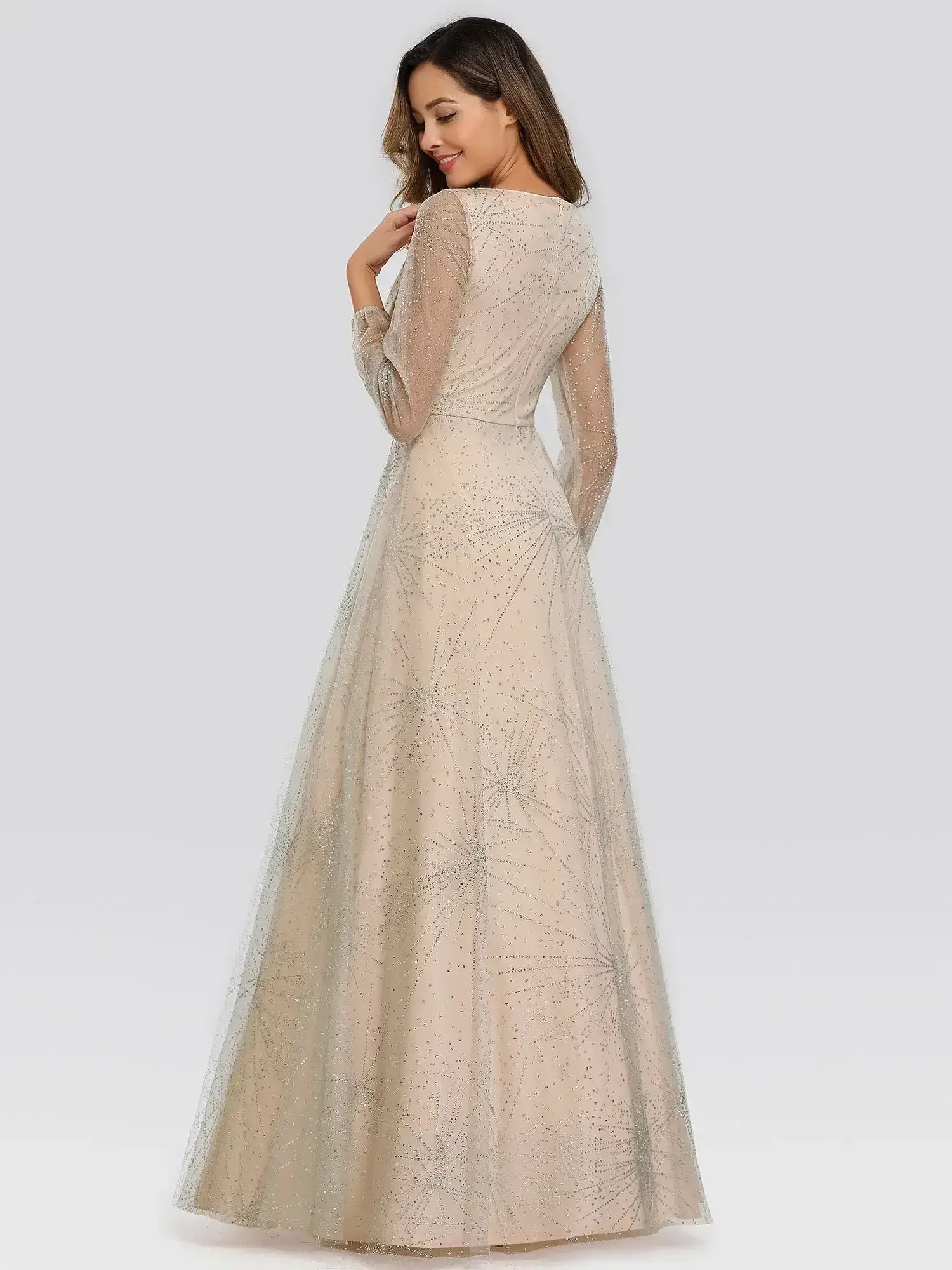 ey0844 blush long evening gown with silver glitter overlay and lantern sleeves eternally yours ey0844 blush long evening gown with silver glitter overlay and lantern sleeves eternally yours