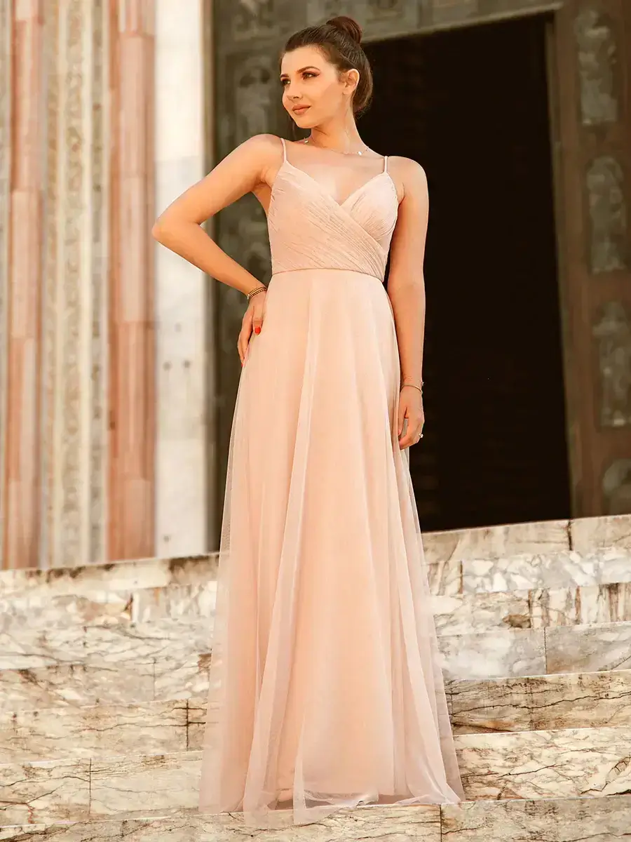 ey7369 blush tulle long evening gown with pleated bodice eternally yours