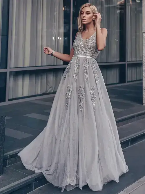 ey7544 grey tulle and lace long evening gown eternally yours