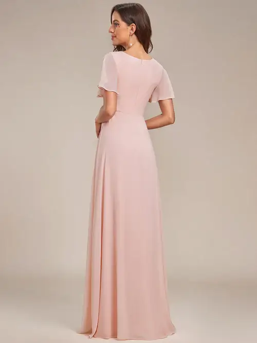 ey1809 pink chiffon long evening gown with slit and ruffle sleeves eternally yours ey1809 pink chiffon long evening gown with slit and ruffle sleeves eternally yours