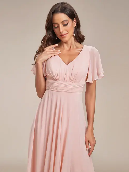 ey1809 pink chiffon long evening gown with slit and ruffle sleeves eternally yours ey1809 pink chiffon long evening gown with slit and ruffle sleeves eternally yours