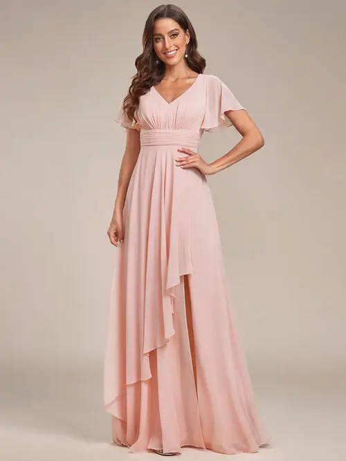 ey1809 pink chiffon long evening gown with slit and ruffle sleeves eternally yours ey1809 pink chiffon long evening gown with slit and ruffle sleeves eternally yours