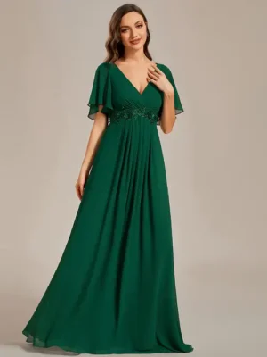 ey1960 green long evening gown with appliques and flutter sleeves eternally yours